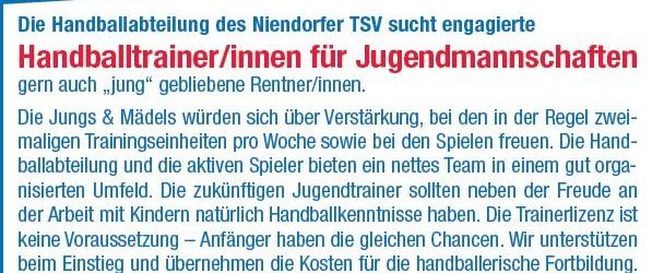 Die Handballabteilung des Niendorfer TSV sucht engagierte Handballtrainer/innen für Jugendmannschaften